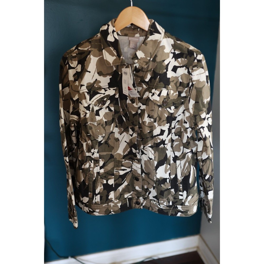 NWT Chico's Jacket Womens Large 2 Green Bomber Coat Floral Camo Tropical Stretch